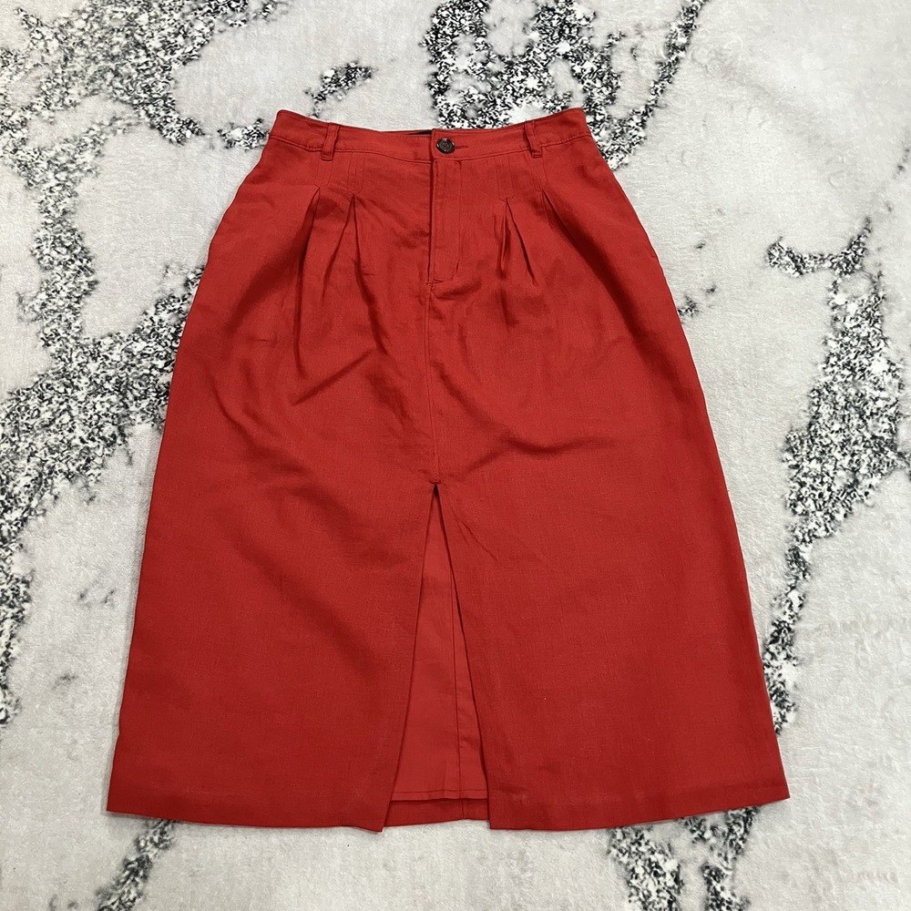 Banana Republic Womens 2 Red Linen Blend Pleated Midi Pencil Skirt Front Slit
